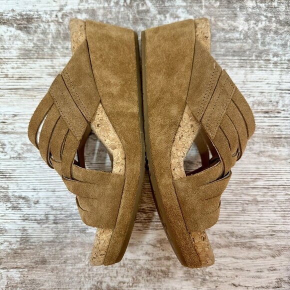 UGG Sandals Size 6.5  Nubuck Tan Lilah Strappy Suede Cork Wedge Hot! - Picture 10 of 12